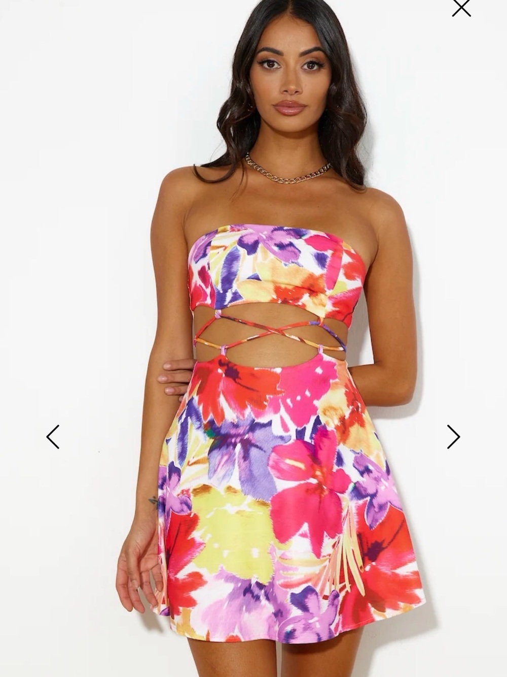 Tropical Floral Strapless Cutout Mini Dress - Multicolor